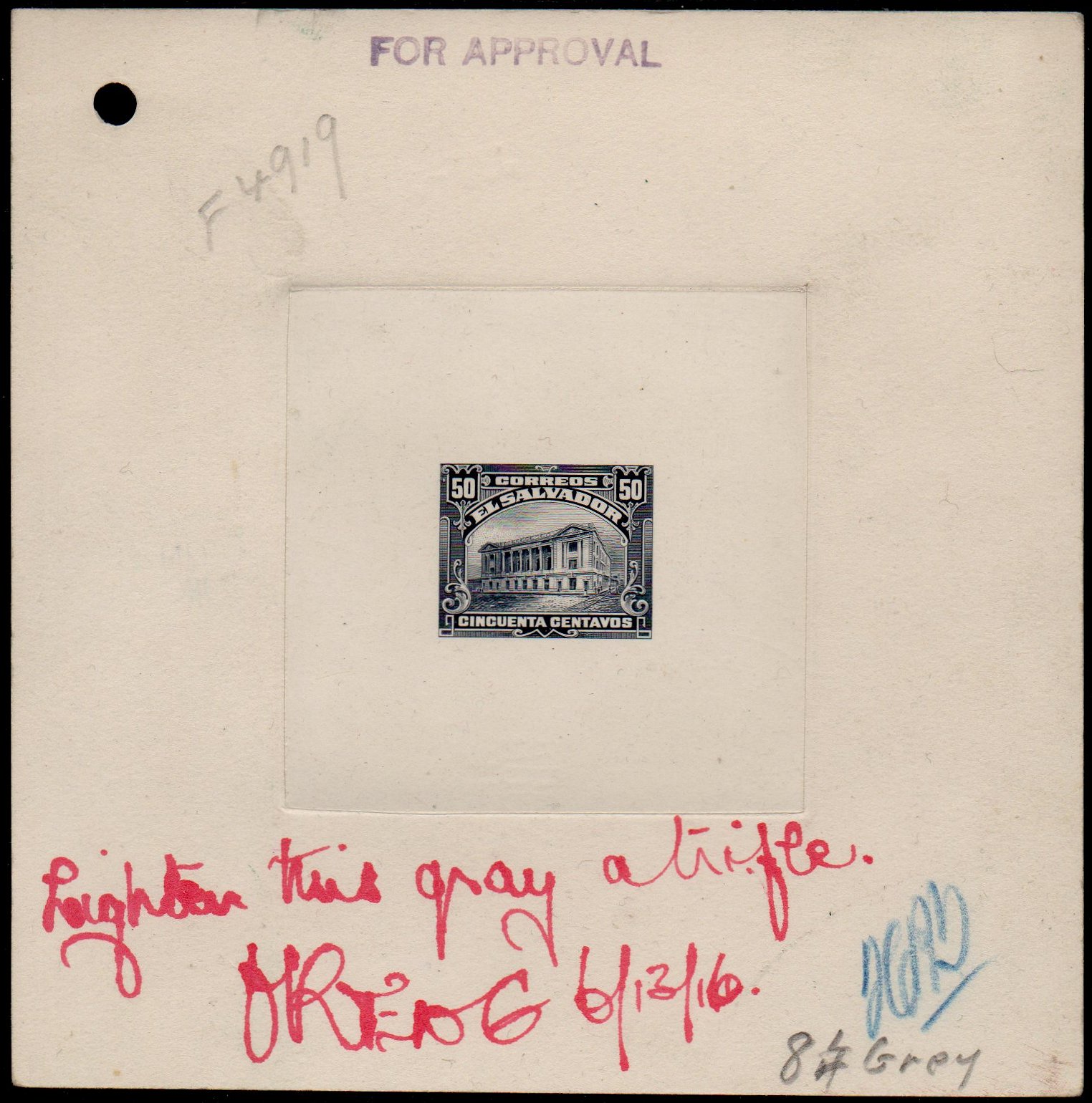 ABN Co. stamp archive working die proof of 50c - front - timbres-poste Briefmarken stamps El Salvador Tram Trolley Tranvia National Theatre teatro nacional 
